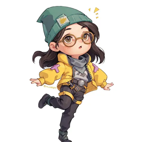 (masterpiece, best quality:1.2),
1girl,killjoy, green beanie, round glasses, yellow jacket, grey shirt, belt, black pants, , full body, simple background, white background, <lora:justduet_anyv5_r50_768_a128-d16_adamW-000006:0.6>, <lora:killjoy-nvwls-v1:0.8>