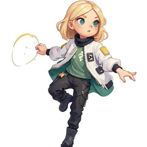(masterpiece, best quality:1.2),
<lora:deadlock-nvwls-v1:0.6> deadlock, white jacket, blonde hair, green shirt, black pants, boots, full body, simple background, white background, <lora:justduet_anyv5_r50_768_a128-d16_adamW-000006:0.6>
