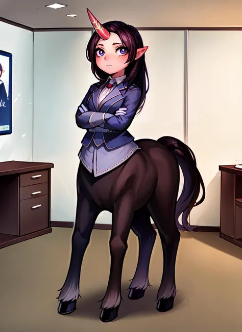 ((best quality)), ((highly detailed)), masterpiece, absurdres, extremely detailed face, beautiful face, (detailed eyes, deep eyes), (1girl), full body, (((wide shot))), <lora:aiomonstergirls_aiov4LoraLycoris:.8>, <lora:animeCentaur_v10:1>, (centaur), taur, horse ears, hooves, unicorn horn, single horn, pastel colors, (indoors, in an office, office lady, desk), <lora:justduet_anyv5:.6>