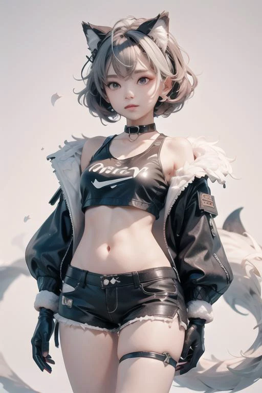 <lora:Crysdream1.5v1-000002:1>Crysdream,<lora:silver_wolf-ani1.5v1:0.5> silver wolf, 1girl, solo, crop top, navel, shorts, stomach, looking at viewer, jacket, choker, black jacket, black shorts, gloves, shirt,