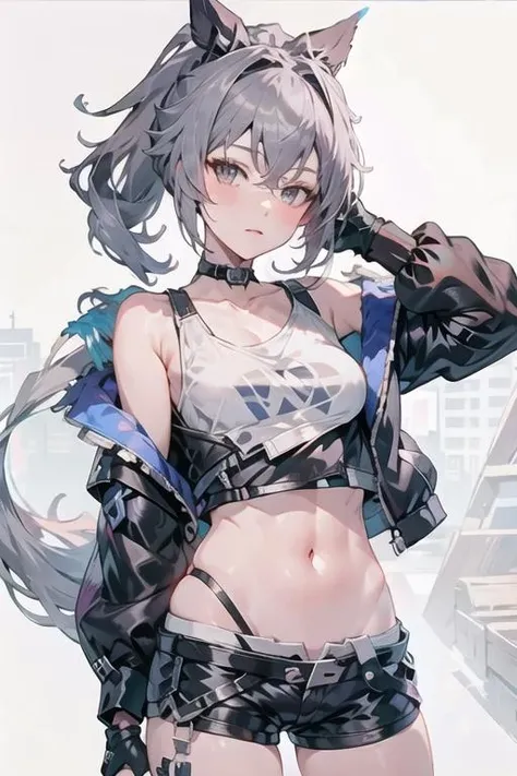 <lora:silver_wolf-ani1.5v1:1> silver wolf, 1girl, solo, crop top, navel, shorts, stomach, looking at viewer, jacket, choker, black jacket, black shorts, gloves, shirt,