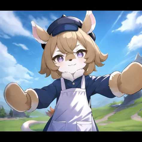 1girl, animal ears,  blue headwear,  shirt, purple eyes, cloud, cloudy sky, day, hat, outdoors,  sky, solo, highres, two-tone fur, white fur,fur body,rabbit ears, tail,apron,brown hair,furry female,green fur,short hair,clear line,animal gloves,letterboxed, 
 <lora:mlx-000041:0.8>, masterpiece, best shadow