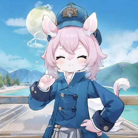 1girl, animal ears, blue headwear, blue jacket, blue sky, buttons, closed eyes, cloud, cloudy sky, day, double-breasted, full moon, hat, outdoors, pink hair, sky, solo, sun, tail,hand on hip,happy,highres, two-tone fur, white fur,pink fur,fur body,rabbit ears, tail
looking_at_viewer,masterpiece, smile <lora:mlx-000041:0.9>, masterpiece, best shadow