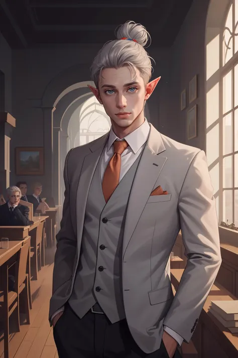 ( high quality, best quality, highres, absurdres, masterpiece:1.2), (modern age fantasy world, elf:1), (young adult man, 1boy, solo, twitching face:1.1), (clever lawyer, wearing suit:1), (slit_pupils:1), (grey_hair, medium_hair, single_hair_bun:1), (chubby body:1), (inside breathtaking utopia:1.1),