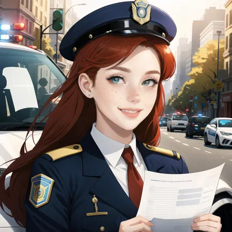 Female, Police Woman, age 23, cute, redhair, freckles, busty, bubbly personality, smiling sheepishly at camera, handing over a traffic note