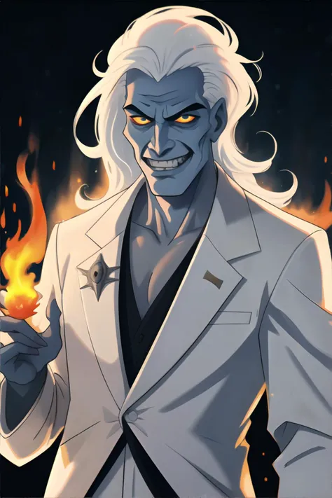 <lora:hades:0.5>, Hades_Disney, (white fire, firey hair, white hair), handsome man, white suit, cocaine, Snow Flame, sinister toothy grin, <clip:skip:2>, masterpiece, 8k, high resolution, shallow depth of field, sharp focus