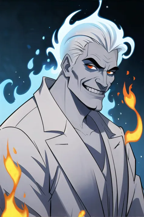 <lora:hades:0.5>, Hades_Disney, (white fire, firey hair, white hair), handsome man, white suit, cocaine, Snow Flame, sinister toothy grin, <clip:skip:2>, masterpiece, 8k, high resolution, shallow depth of field, sharp focus