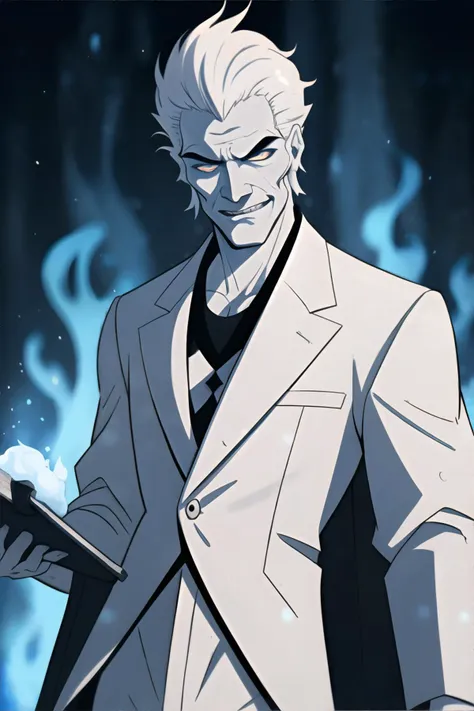 <lora:hades:0.5>, Hades_Disney, (white fire, firey hair, white hair), handsome man, white suit, cocaine, Snow Flame, sinister toothy grin, <clip:skip:2>, masterpiece, 8k, high resolution, shallow depth of field, sharp focus