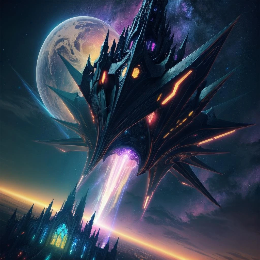 Grimdark, Futuristic (spaceship:1.2) cathedral, details on the crenelations and on the buttresses of the filigree, in an amazing technicolor nebula warp rift with intricate details, (wide angle shot, planet in background)
high contrast,
<lora:add_detail:.4>, <lora:fansty world-000020:.3>, <lora:hairdetailer:.4>, <lora:boldline:.2>