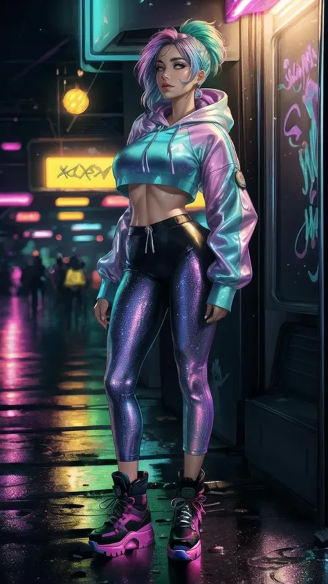 (poster) y2k aesthetic, ((woman with iridescent cotton candy hair in a holographic crop top hoodie)), (photorealistic:1.5), ((scifi fantasy art)), (platform pump boots), aquarium, Cyan, Green, Purple, pink, yellow, Blue, gradient, Black Background, full body, Dynamic Pose, floating, Fluorescent, UV, Surreal, (Graffiti:1.2), Stars, UV_fluorescence, colorful, full body, wide hips, underboob, sweaty, (in cyberpunk shopping mall), at night, neon, rain, foggy, detailed, lounging,
<lora:add_detail:.4>, <lora:fansty world_20230601105102:.3>, <lora:hairdetailer:.4>, <lora:boldline:.2>, <lora:LowRA:.4>,