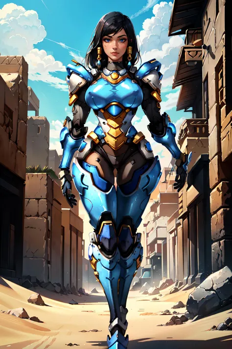 (masterpiece, best quality, ultra detailed, absurdres)1.5, 1girl, (sexy, beautiful woman, perfect face, perfect eyes, perfect female body, huge breasts)1.5, (overwatchpharah, pharah \(overwatch\), long hair, black hair, swept bangs, dark-skinned female, dark skin, armor, bodysuit, boots, tattoo, facial mark, hair tubes, shoulder armor, power armor, pauldrons, thrusters, eye of horus, <lora:OverwatchPharah:0.8>), (standing, outdoors, science fiction, Egyptian desert), perfect lighting, smooth, hdr