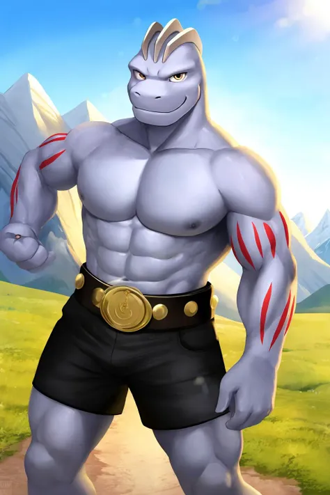 a beautiful and detailed image of machoke, outside, smile, mountains,shirtless,black shorts, belt,looking at viewer
<lora:machoke:1>