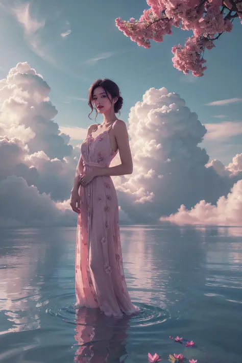 beautiful and elegant girl,(wearing pink dress:1.1),happy smile,(standing on the shore:1.2),
<lora:cloud borne pool天空ä¹å¢_v1.0:0.75>,pink tree,surreal water,delicate white clouds,the blue sky,delicate flowers,, 8k,Moody,atmospheric,painterly,fine details,cinematic composition,Warm lighting,gentle,nostalgic,flower,roses,tranquil,evocative,hazy atmosphere,a sense of solitude,dreamlike atmosphere,high level of detail,evocative color palette,8K resolution,<lora:33333333333danse:0.6>,lotus,