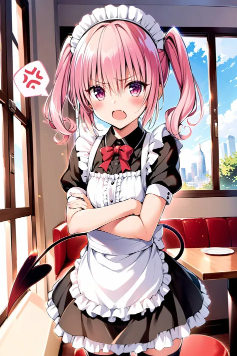 masterpiece,best quality,nana asta deviluke,pink eyes,angry,turime,blush,maid,cowboy shot,pink short hair,twintails,solo,open mouth,looking at viewer,black legwear, zettai ryouiki,restaurant, cute,window,short sleeves,flat chest,spoken anger vein,crossed arms,fang, demon tail,  <lora:Yabuki Kentarou_XL:0.8>