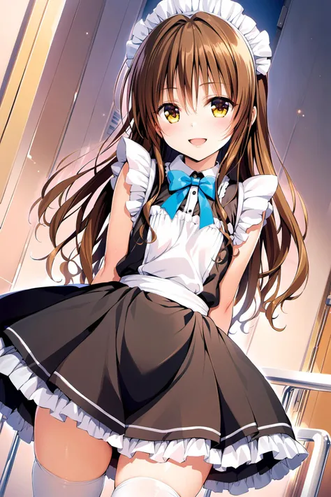 masterpiece,best quality,yuuki mikan,smile,maid,cowboy shot,,brown long hair,yellow eyes,solo,open mouth,looking at viewer,arms behind back,white legwear, zettai ryouiki, <lora:Yabuki Kentarou_XL:0.8>