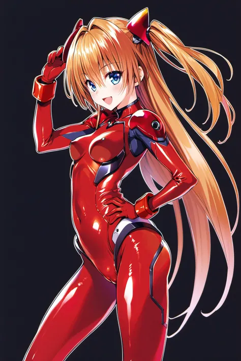 1girl, long hair, plugsuit, bodysuit, souryuu asuka langley, pilot suit, bracer, blue eyes, smile, open mouth, breasts, bangs, turtleneck, solo, cowboy shot, :d, hair between eyes, gloves, (red bodysuit:1.5), small breasts,looking at viewer, headgear, two side up, hand on hip, skinny, adjusting hair, narrow waist, standing, brown hair, science fiction,hand up, shiny clothes, hair ornament, happy, from side, shiny, skin tight, (simple background:1.5), (black background:1.5), <lora:Urushihara Satoshi_XL:0.8>