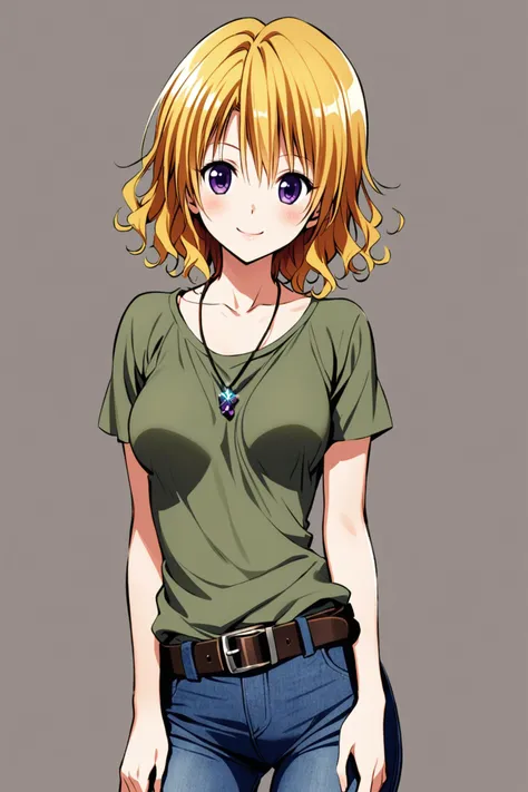 Momioka Risa,1girl,solo,blonde hair,wavy hair,purple eyes,smile,jewelry,belt,necklace,grey background,simple background,denim,blush,pants,looking at viewer,breasts,short hair,collarbone,medium breasts,jeans,pendant,shirt,short sleeves,cowboy shot,<lora:Yabuki Kentarou_XL_V2:0.8>,