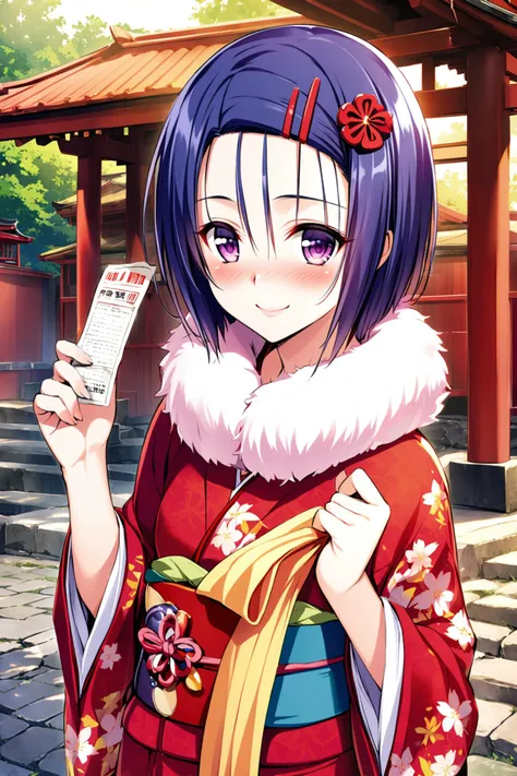 1girl,haruna sairenji,solo,japanese clothes,smile,hair ornament,kimono,blush,sash,obi,looking at viewer,omikuji,purple eyes,short hair,hairclip,holding,blue hair,torii,outdoors,red kimono,floral print,day,closed mouth,long sleeves,wide sleeves,upper body,paper,sunlight,print kimono,bangs,nose blush,fur collar,blurry,forehead,hair between eyes,pom pom (clothes),<lora:Yabuki Kentarou_XL_V2:0.8>,