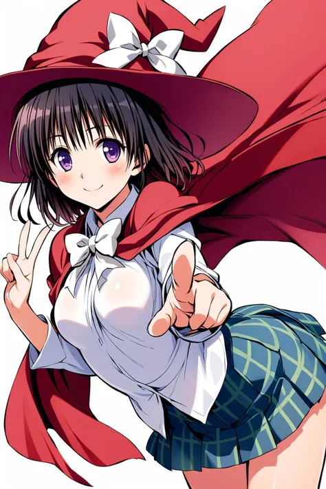 Kirizaki Kyoko,1girl,solo,red hat,black hair,skirt,blue skirt,purple eyes,witch hat,red cape,smile,looking at viewer,short hair,white background,simple background,pleated skirt,v,white bow,blush,breasts,plaid skirt,plaid,white shirt,cowboy shot,<lora:Yabuki Kentarou_XL_V2:0.8>,