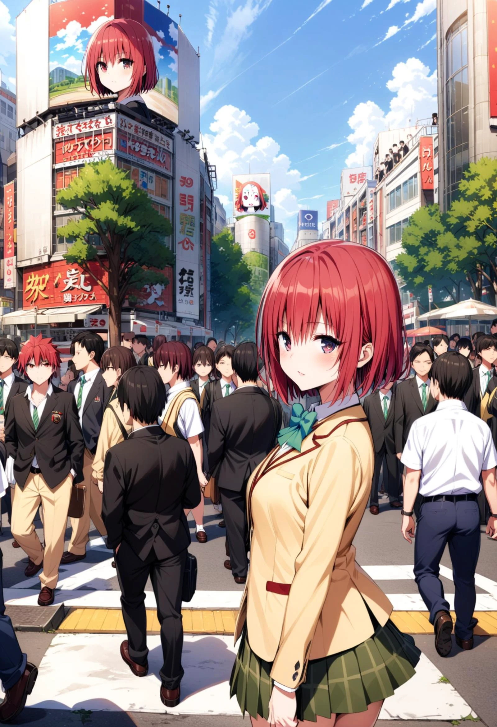 <lora:Yabuki Kentarou_XL_V2:0.8>,1girl, solo,red hair,short hair,school uniform, <lora:XL-å°-è¡éâ£:0.8> shibuyaSK, outdoors, day,6+others, scenery, crowd,cowboy shot, looking at viewer,, masterpiece, best quality,Highly detailed,<lora:flat_sdxl:-0.5>,<lora:add-detail-xl:0.25>, <lora:sdxl_offset_example_v10:0.5>, <lora:xl_more_art-full_v1:0.3>,