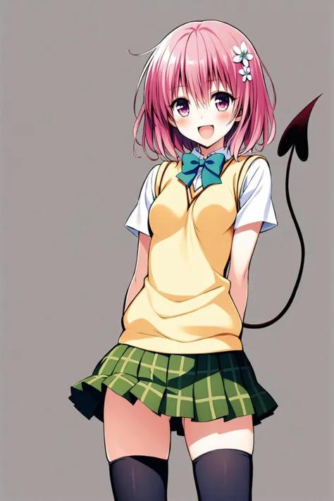 1girl,momo velia deviluke,solo,tail,thighhighs,pink hair,school uniform,smile,skirt,hair flower,open mouth,hair ornament,demon tail,zettai ryouiki,flower,sweater vest,short hair,pink eyes,black thighhighs,looking at viewer,:d,white background,bow,green skirt,simple background,pleated skirt,blush,short sleeves,shirt,plaid skirt,plaid,bowtie,<lora:Yabuki Kentarou_XL_V2:0.8>,