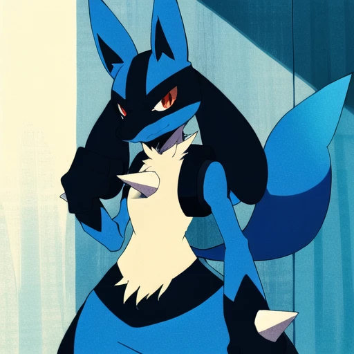 lucario standing in a yellow wood wall, detailed,  <lora:Lucario:0.7>, red eyes, spikes, soft smile, ambient lights, teeth, wolf, medium muzzle, pokemon, blue fur