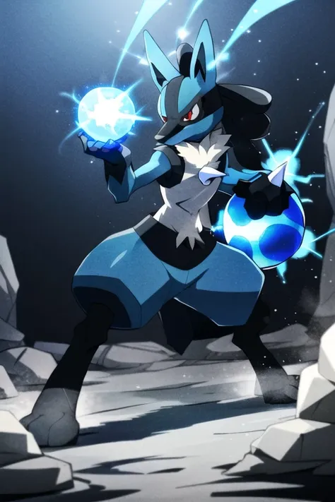 lucario, red eyes,  attack stance, casting a blue energy ball, detailed, professional lights, spikes, anime, centered, outside, cave,  <lora:Lucario:0.7>, blue fur, wolf, medium muzzle, ((sparks around body))