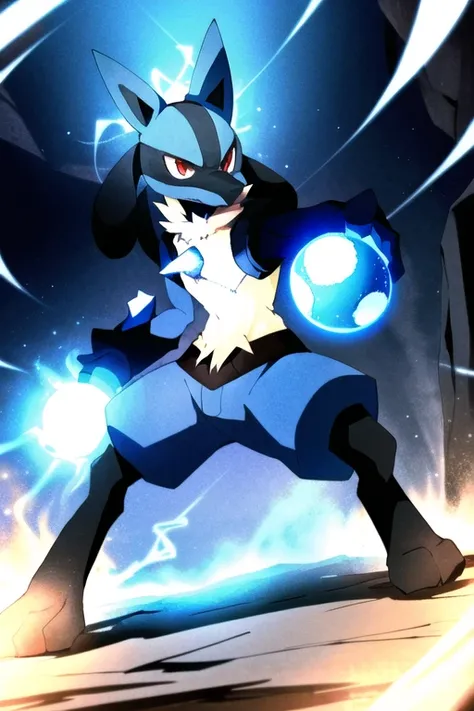 lucario, red eyes, attack stance, casting a blue energy ball, detailed, professional lights, anime, centered, outside, cave, <lora:Lucario:0.7>, blue fur, wolf, medium muzzle, sparks around body