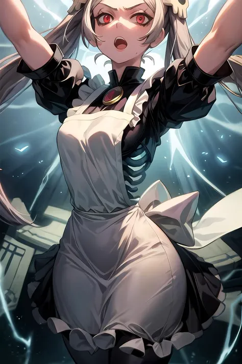 1girl, solo, outdoors, full body, looking at viewer, serious, open mouth, bones, floating, floating hair, arms up, skg_marie, maid, maid apron, maid headdress, twin tails, skull hair ornament, light rays, glow, (masterpiece), wallpaper,  <lora:marie_v1-000005:1>