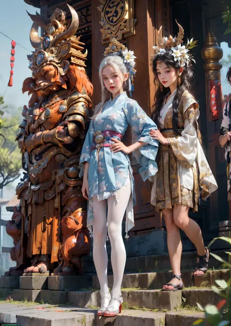 1girl,<lora:niji_20230529141232:0.7> <lora:ganyuGenshinImpact_offset:0.7> ganyu \(genshin impact\), pipa \(instrument\), red demon horn, blue hair, white hanfu, masterpiece, best quality,(masterpiece, sidelighting, finely detailed beautiful eyes: 1.8),
((masterpiece)), ((best quality)), ((intricate detailed)), ((Hyperrealistic)), absurd res,realistic,Ray Tracing, realistic, dramatic, 1girl,solo, 18 years old cute girl,(small breast),(Baby Face: 1.1),(seductive pose), (slender), (perfect proportions),(perfect anatomy),(smile face),
((perspective)), highly detailed,asian tanlines , nsfw, <lora:add_detail:0.2>, <lora:more_details:0.1>, <lora:TanskinGyaru_v1:0.6>, <lora:ahegao_V1:0.8>
, (white_pantyhose:1.3), lab coat, Bubble Ponytail, white_hair <lora:REALOilpantyhose:0.7>
BREAK
landscape, baligapura gate, stone statue, wall stone, village, stone stairs, yellow cloth, detailed, ornament, bali, tree, grass, flower, frangipani flower tree, epic, dawn, night, moon, yellow light lamp, fog, dramatic lighting, dim light, bokeh, <lora:ARWBaliGapura:1> <lora:epi_noiseoffset2:0.4> advntr,
