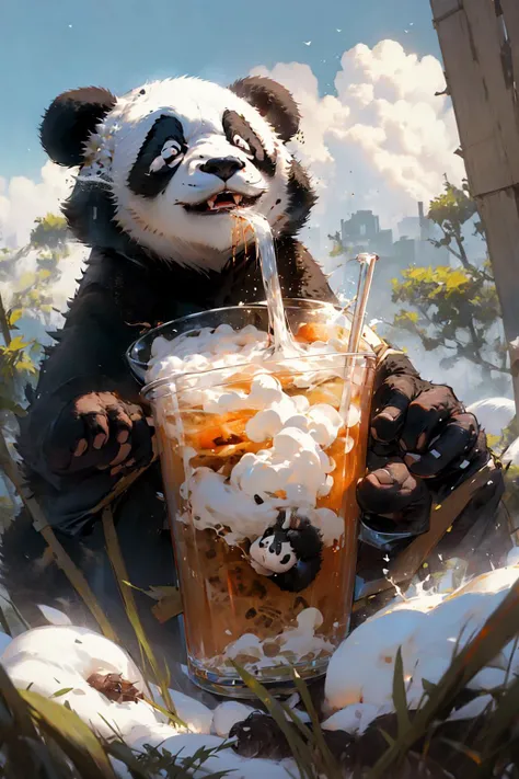 <lora:niji_20230529141232:0.8> giant panda flying in the clouds, <lora:Trush-A:0.1>, drinking milk tea