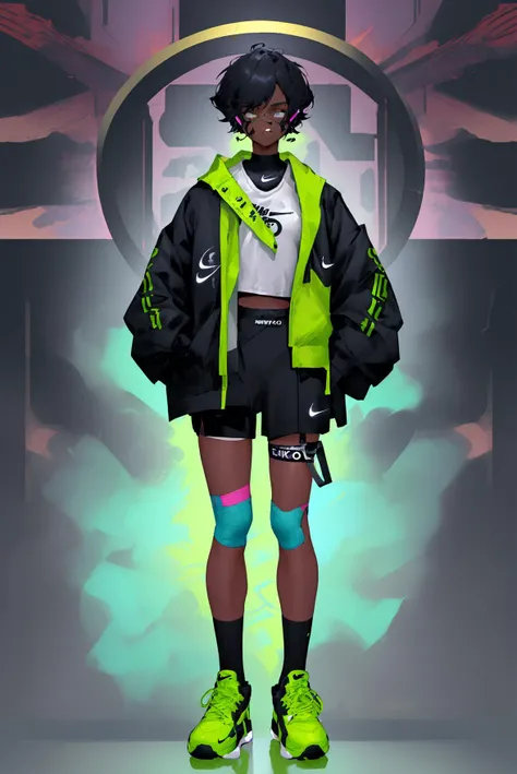 <lora:NijiV3Fantasy:0.8>,1girl, basketball, neon light,solo, shoes, short hair, jacket, sneakers, dark skin, dark-skinned female, shorts, holding, full body, standing, black jacket, socks, black hair, nike, black shorts, long sleeves, english text, bandaid, black socks, open jacket