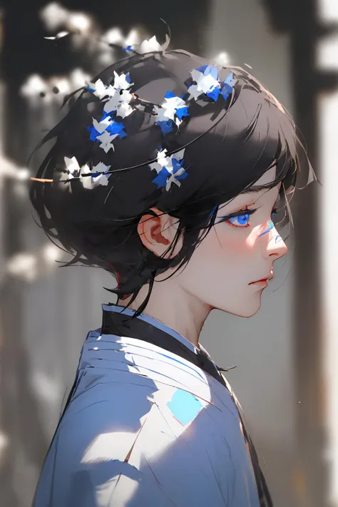 <lora:NijiV3Fantasy:0.8>,1boy, male focus, black hair, solo, blue eyes, profile, short hair, blurry, closed mouth, blurry background, bandaid, portrait, from side, bangs, bandaid on face, close-up
