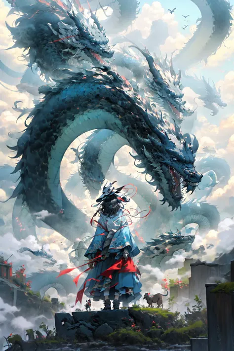 girl, letterboxed, holding, outdoors, bird, standing, cloud, 1boy, weapon, from behind, sky, cloudy sky, animal, holding weapon, eastern dragon, monster, 1other, hat, fog,  <lora:ChineseDragon_v02:0.95>,  <lora:niji_20230529141232:0.6>