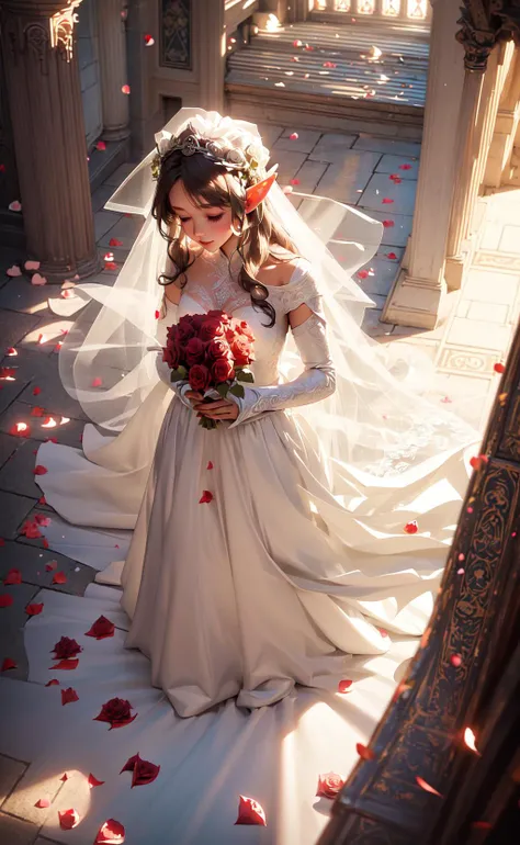 masterpiece, best quality, 1girl, elf bride, white flowing bridal dress, (rose petals:1.3), church, sunbeam, volumetric lighting, from above <lora:niji_20230529141232:0.5>