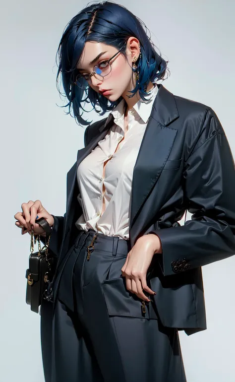 masterpiece, best quality, 1girl, blue hair, medium hair, oversized suit jacket, oversized clothes, shirt, trousers, glasses, jewelry, handbag, (simple background:1.1), fashion editorial, dramatic lighting <lora:niji_20230529141232:0.5>