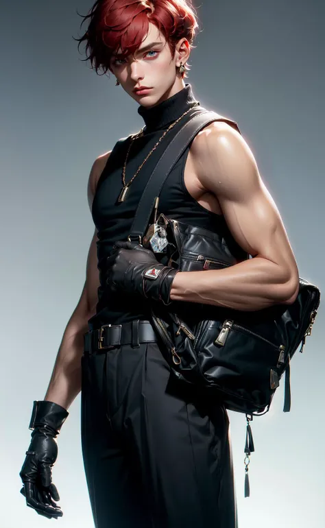 masterpiece, best quality, 1boy, short hair, red hair, sleeveless turtleneck, trousers, gloves, (jewelry:1.1), bag, (simple background:1.1), fashion editorial, dramatic lighting <lora:niji_20230529141232:0.5>