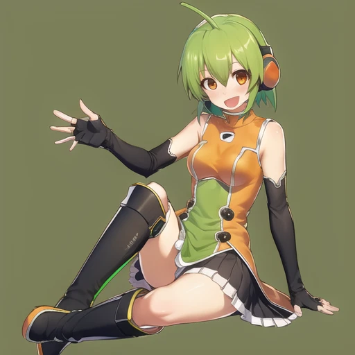<lora:flchanv1:0.8>, flchan, 1girl, solo, green hair, gloves, fingerless gloves, boots, short hair, ahoge, elbow gloves, sitting, open mouth, smile, orange eyes, skirt, headset, waving, knee boots, blush, black gloves, looking at viewer,