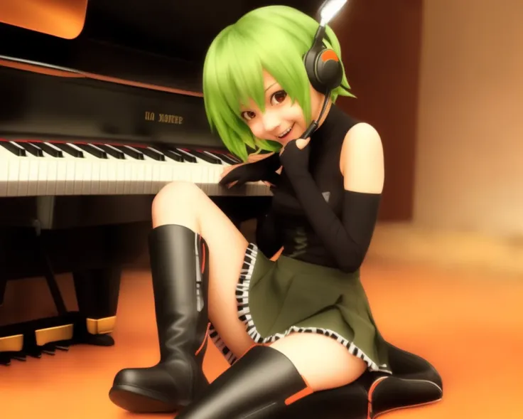 <lora:flchanv1:0.8>, (flchan, 1girl, solo, green hair, gloves, fingerless gloves, boots, short hair, ahoge, elbow gloves, sitting, open mouth, smile, orange eyes, skirt, headset, knee boots, blush, black gloves, piano skirt)