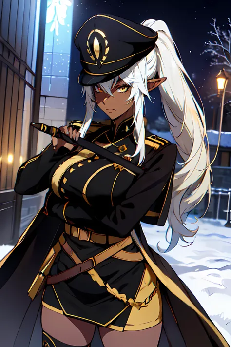 masterpiece,best quality, unreal engine, ultra res, extremely detailed,
1girl, large breasts, waist , (muscular:1.2) ,slender,
(dark skin, dark elf,:1.3)
<lora:Lambda:0.2>
silver hair,( high ponytail:1.2), (bangs:1.1),
pointy ears,HETEROCHROMIA , red eyes, yellow eyes
(black and gold uniform, black and gold coat, military hat,
pencil skirt, thighhigh:1.2)
(holding weapon, holding whip,swinging a whip,
fighting stance, dynamic pose:1.2)
(night, outdoor, winter scene, christmas decorations:1.2)
<lora:Style_hews_style:0.4>hews style <lora:Style_cutesexyrobutts_v2:0.1>CSR STYLE
<lora:Style_puuzaki-puuna-lora-v1:0.0><lora:Style_anmnr01AOM3A1:0.2>
<lora:Concept_Round_Breasts_V7:0.4>round breasts, large breasts,