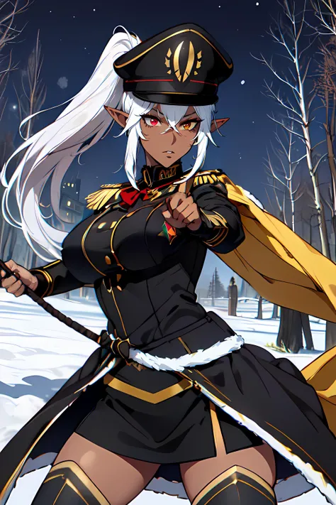 masterpiece,best quality, unreal engine, ultra res, extremely detailed,
1girl, large breasts,  waist , (muscular:1.2) ,slender,
(dark skin, dark elf,:1.3)
<lora:Lambda:0.2>
silver hair,( high ponytail:1.2), (bangs:1.1),
pointy ears,HETEROCHROMIA , red eyes, yellow eyes
(black and gold uniform, black and gold coat, military hat, 
pencil skirt, thighhigh:1.2)
(holding weapon, holding whip,swinging a whip,
fighting stance, dynamic pose:1.2)
(night, outdoor, winter scene, christmas decorations:1.2)
<lora:Style_hews_style:0.4>hews style <lora:Style_cutesexyrobutts_v2:0.1>CSR STYLE
<lora:Style_puuzaki-puuna-lora-v1:0.0><lora:Style_anmnr01AOM3A1:0.2>
<lora:Concept_Round_Breasts_V7:0.4>round breasts, large breasts,