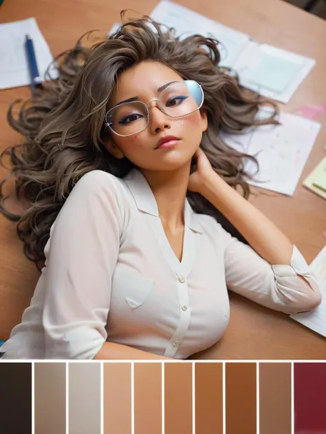 Color Palette - long distance photo of a lewd lady wearing glasses, with messy hair, nose blush, half-closed eyes, open mouth, lying on her desk, face up, back down, spread her legs, front view, full body, solo <lora:Cinema Color Palette:1.331>