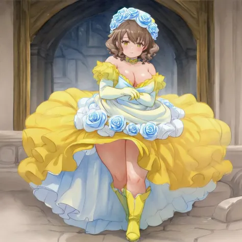 <lora:Princess_White_Rose:1> white rose, blue and yellow dress, white rose cap, plunging neckline, white rose skirt,blue and yellow asymmetrical boots, blue and yellow asymmetrical gloves, brown hair, hair ringlets, cellulite, short hair, yellow lining, watercolor pencil \(medium\),