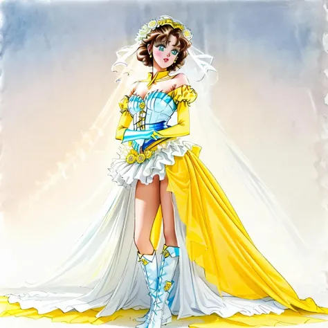 <lora:Princess_White_Rose:1> white rose, blue and yellow dress, white rose cap, plunging neckline, rose skirt, blue and yellow asymmetrical boots, blue and yellow asymmetrical gloves, brown hair, hair ringlets, cellulite, short hair, yellow lining, watercolor pencil \(medium\), saga frontier, princess white rose, <lora:Naoko_Takeuchi-08-NAI:1>