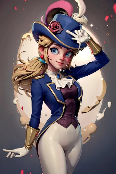 <lora:3D_Alpha_Style_Dim32:0.8>, , ((masterpiece,best quality)), <lora:Princess_Peach_Nintendo:0.8>, Swordfighter_Peach, solo, 1girl, hat, blonde hair, blue eyes, jewelry, earrings, long hair, rapier, hat feather, pants, ascot, red rose, hat flower, ponytail, white pants, white gloves, boots, blue jacket, long sleeves, smiling, looking at viewer, cowboy shot, cinematic composition,