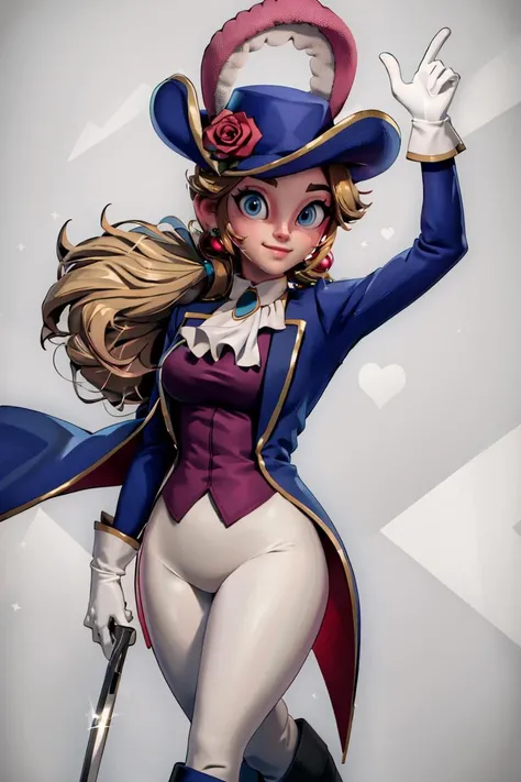 <lora:3D_Alpha_Style_Dim32:0.8>, , ((masterpiece,best quality)), <lora:Princess_Peach_Nintendo:0.8>, Swordfighter_Peach, solo, 1girl, hat, blonde hair, blue eyes, jewelry, earrings, long hair, rapier, hat feather, pants, ascot, red rose, hat flower, ponytail, white pants, white gloves, boots, blue jacket, long sleeves, smiling, looking at viewer, cowboy shot, cinematic composition,