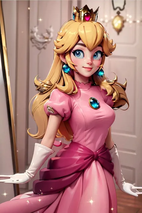 <lora:3D_Alpha_Style_Dim32:0.8>, , ((masterpiece,best quality)), <lora:Princess_Peach_Nintendo:0.8>, Princess_Peach, (pink dress), blonde hair, blue eyes, long hair, crown, gem, gloves, puffy sleeves, short sleeves, white gloves, solo, smiling, looking at viewer, cowboy shot, cinematic composition,