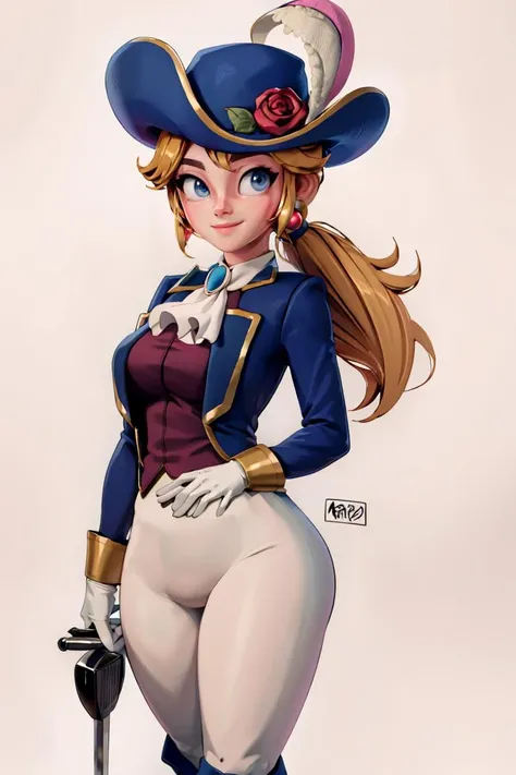 <lora:3D_Alpha_Style_Dim32:0.8>, , ((masterpiece,best quality)), <lora:Princess_Peach_Nintendo:0.8>, Swordfighter_Peach, solo, 1girl, hat, blonde hair, blue eyes, jewelry, earrings, long hair, rapier, hat feather, pants, ascot, red rose, hat flower, ponytail, white pants, white gloves, boots, blue jacket, long sleeves, smiling, looking at viewer, cowboy shot, cinematic composition,