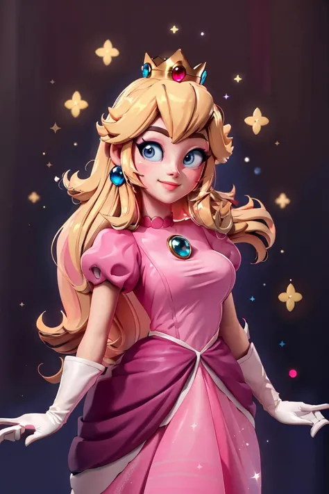 <lora:3D_Alpha_Style_Dim32:0.8>, , ((masterpiece,best quality)), <lora:Princess_Peach_Nintendo:0.8>, Princess_Peach, (pink dress), blonde hair, blue eyes, long hair, crown, gem, gloves, puffy sleeves, short sleeves, white gloves, solo, smiling, looking at viewer, cowboy shot, cinematic composition,