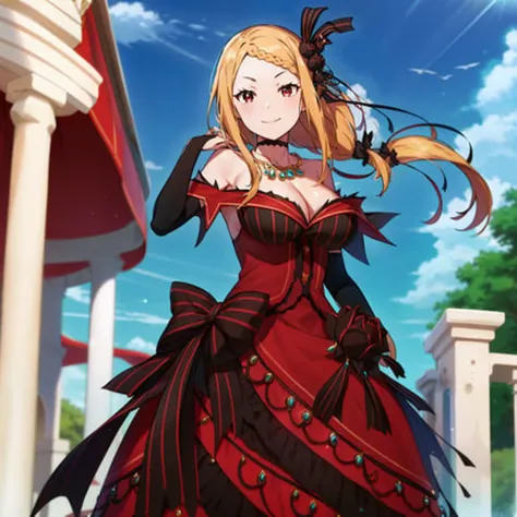 masterpiece,best quality,anime,(2d:1.2),
<lora:PriscilaNai:1>
1girl, solo, blonde hair, long hair, dress, bridal gauntlets, red dress, choker, cleavage,hair ornament, outdoors, jewelry, necklace, smile, looking at viewer, huge breasts, braid, gloves, ribbon, standing, collarbone, red eyes, floating hair, elbow gloves, hair ribbon, striped, black gloves, long dress,bare shoulders